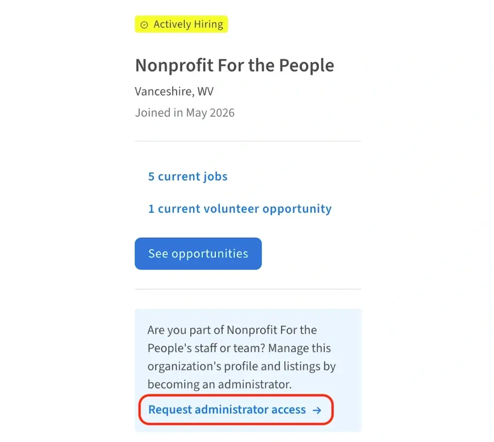 A screenshot of the Idealist website showing how to become an administrator.