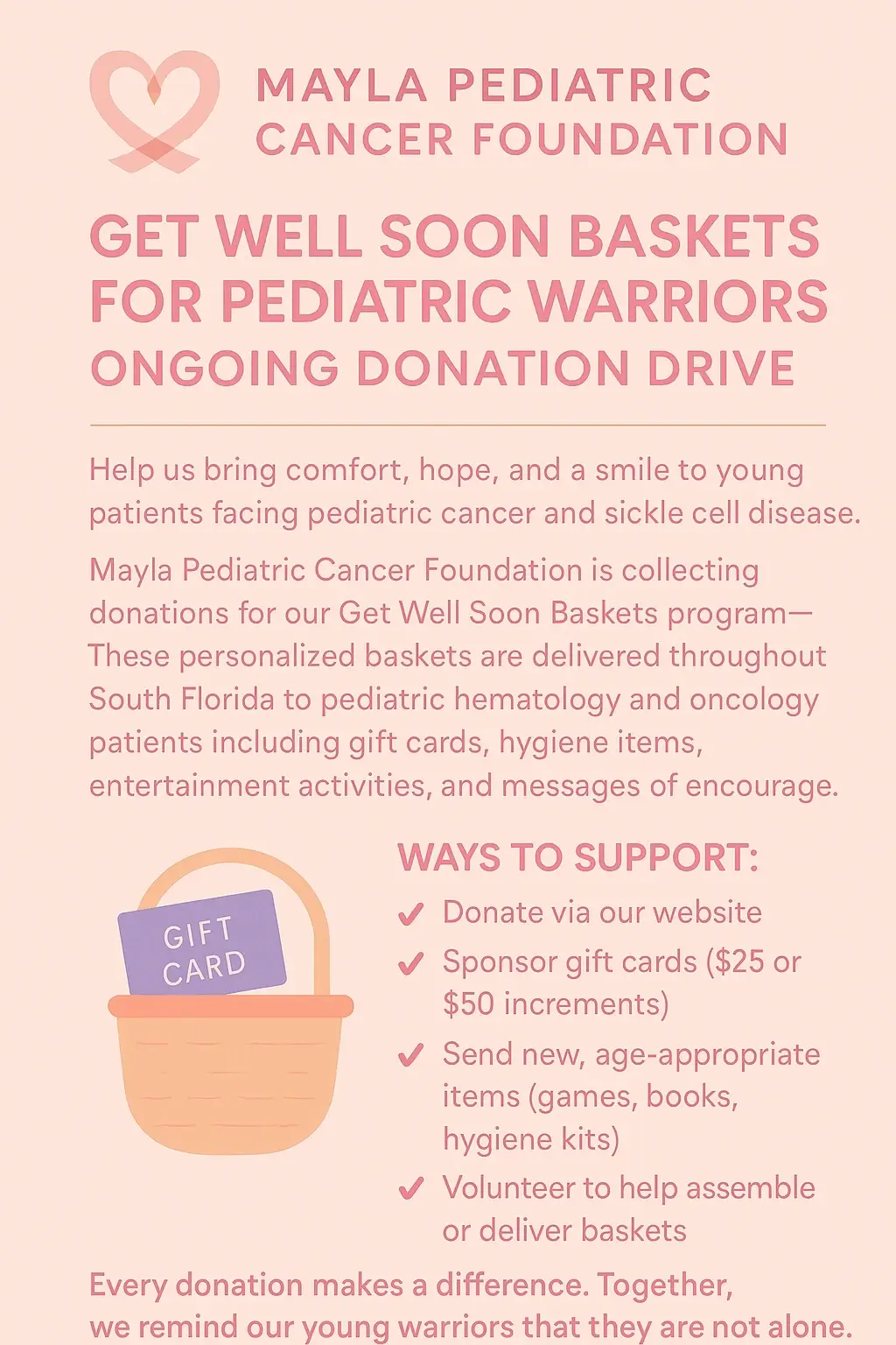 Ongoing Donation Drive: Get Well Soon Baskets for Pediatric Warriors