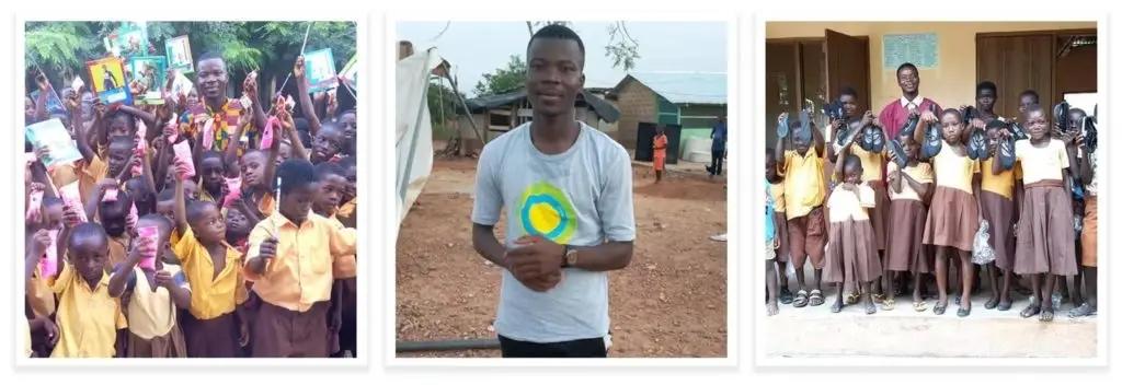 Left; A group of students. Center; A man with a shirt with the idealist logo. Right; A group of students with a teacher.