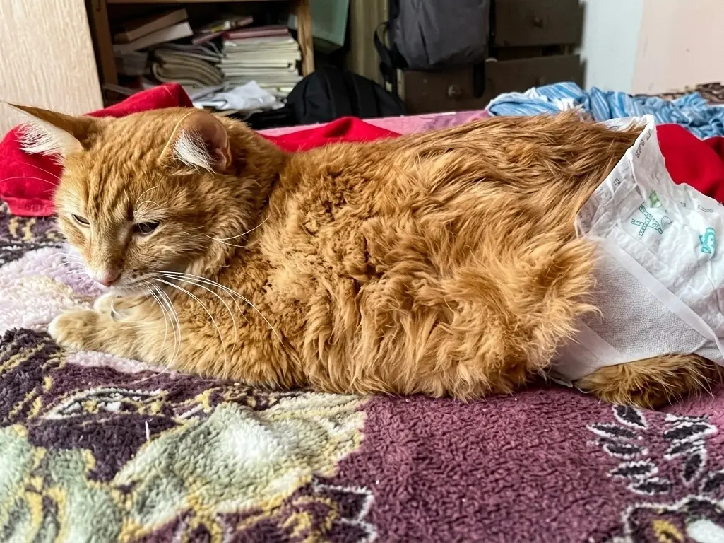 Un gato naranja con pañal