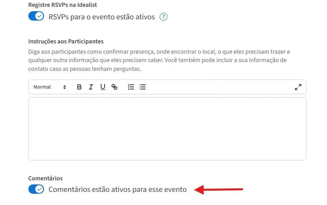 Captura de tela do site Idealist mostrando onde habilitar os comentários em um evento listado.
