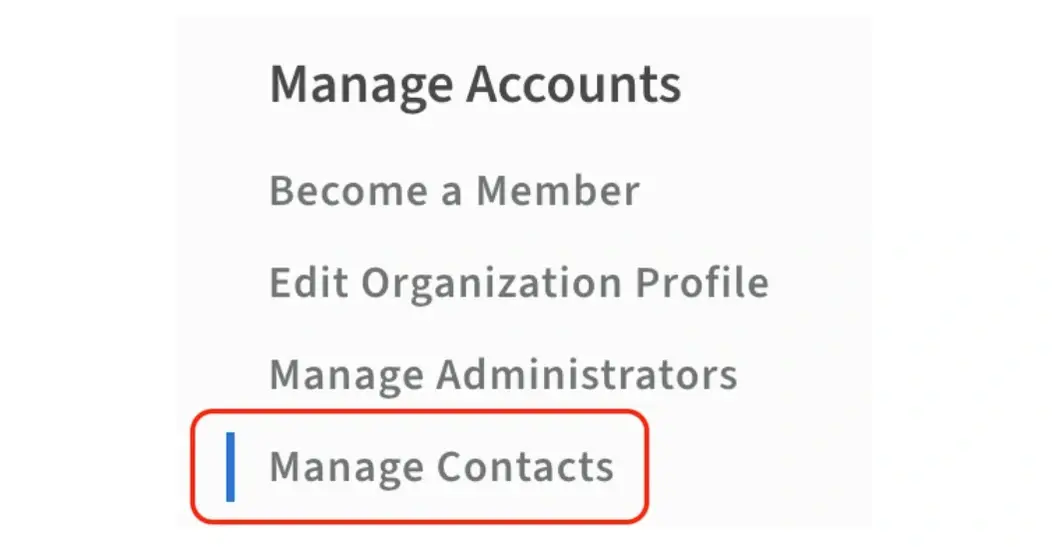 Screenshot of the Idealist website showing how to access Manage Contacts