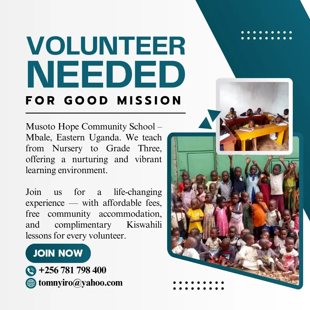VOLUNTEER AT A RURAL COMMUNITY SCHOOL IN MBALE EASTERN UGANDA. TEACH ENGLISH, FRENCH,GERMAN, SPORTS TO CHILDREN AT AFFORDABLE FEE AND RECEIVE FREE KISWAHILI LESSONS AND CERTIFICATE AT THE END OF YOUR SERVICE