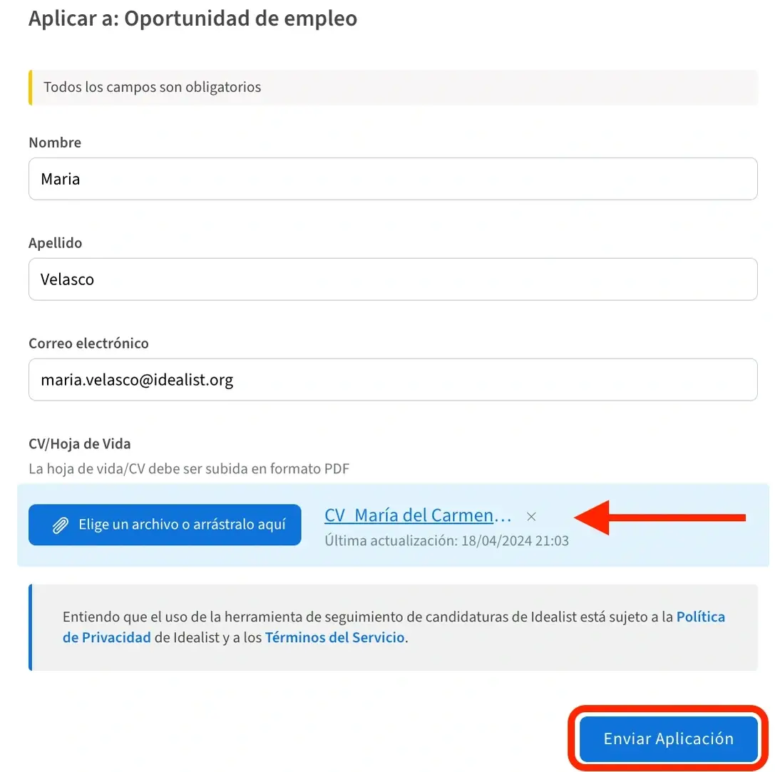 Captura de pantalla de sección para aplicar a vacante