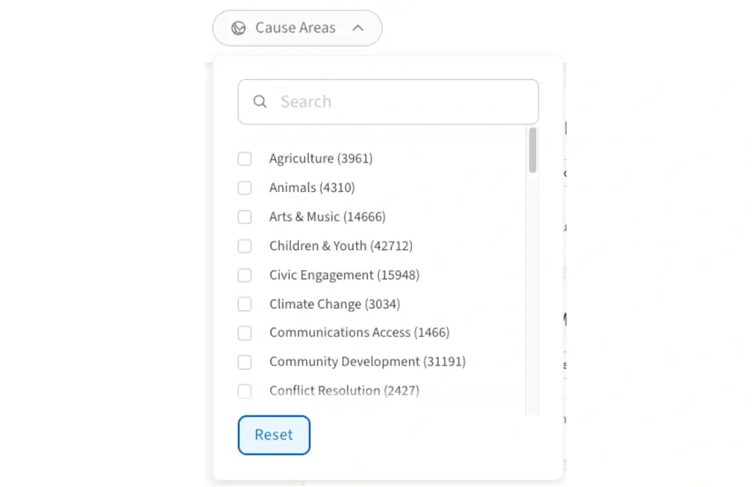 Screenshot of the Idealist website showing the Cause Area filter.