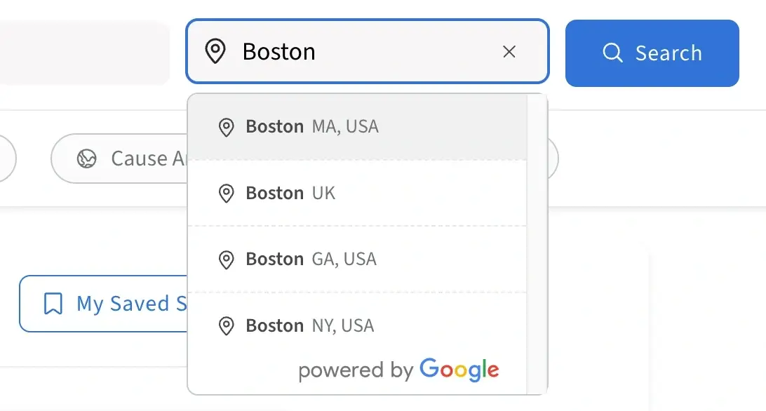 Screenshot of the Idealist website showing how to select a location