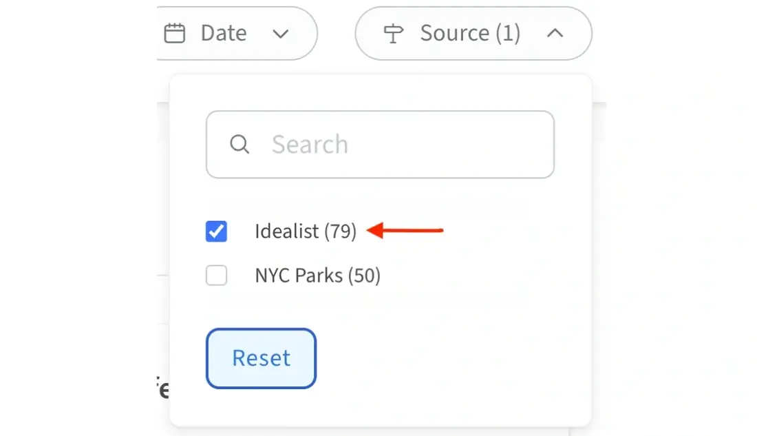 Screenshot of the Idealist website showing how to filter events by Idealist as the source