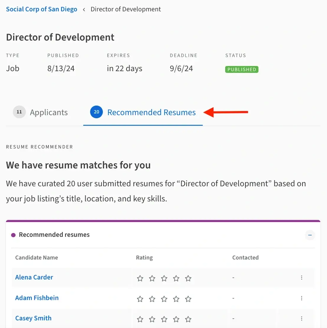 Screenshot of the Idealist website showing how to view Recommended Resumes from a job listing
