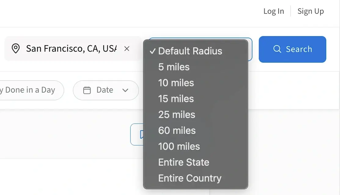 Screenshot of the Idealist website showing how to change the Default radius on the Radius search filter