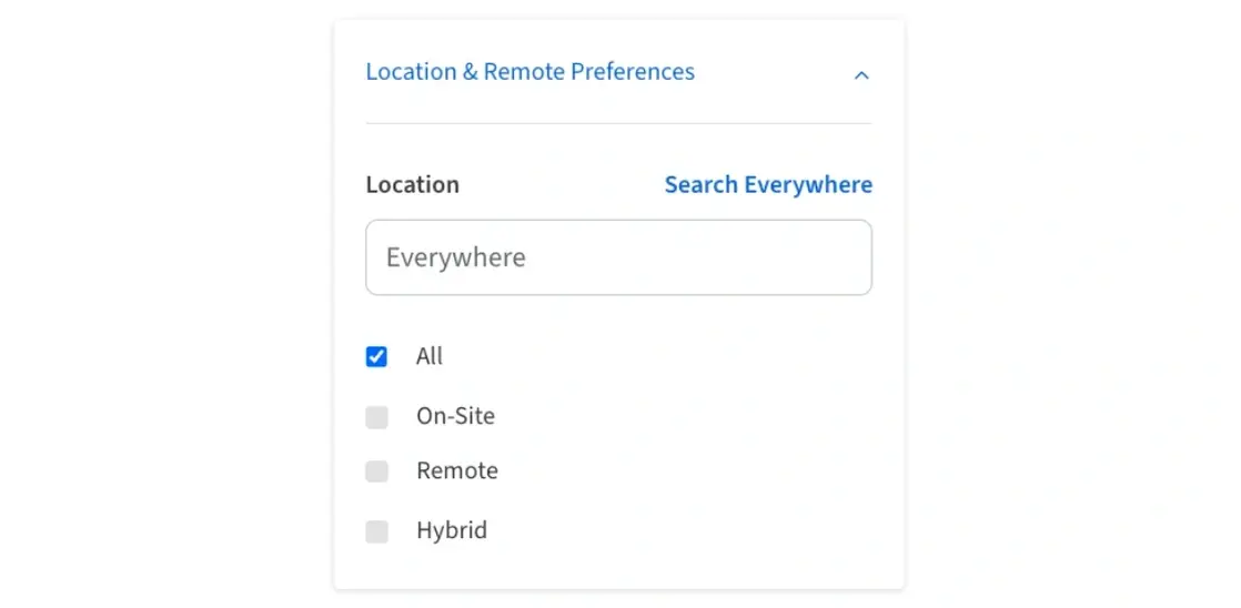 Screenshot of the Idealist website that shows how to set Location & Remote preferences.