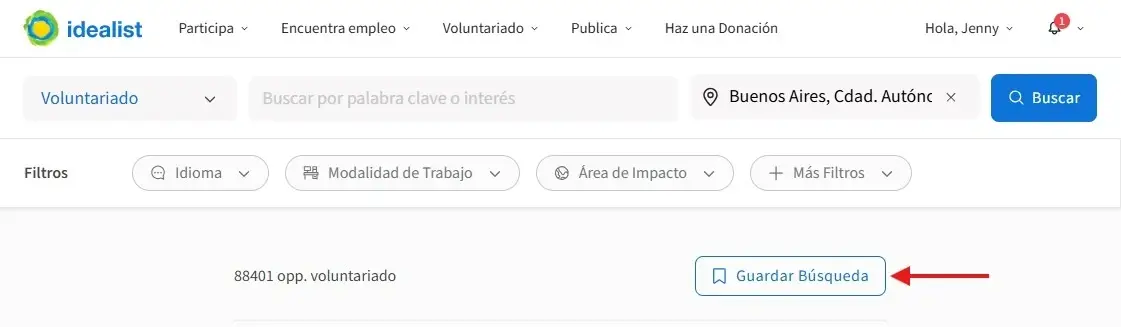 Captura de pantalla del sitio de Idealist mostrando cómo guardar una búsqueda