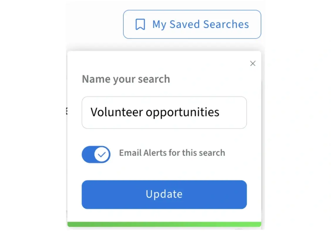 Screenshot of the Idealist website showing how to toggle Email Alerts on for a Saved Search