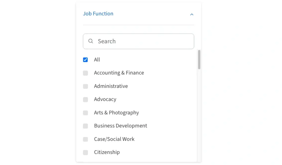 Screenshot of the Idealist website that shows how to filter a search by job function.