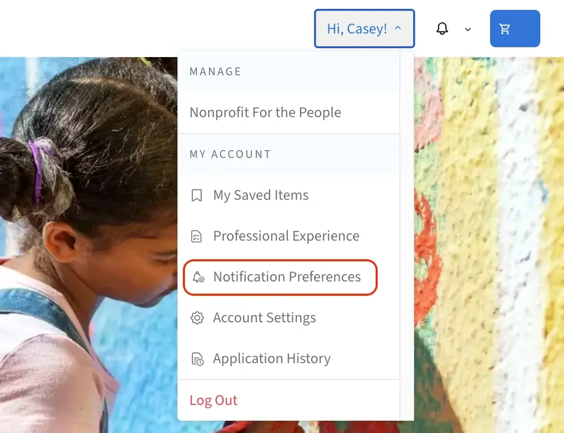 Screenshot of the Idealist website showing where to adjust Notification Preferences.