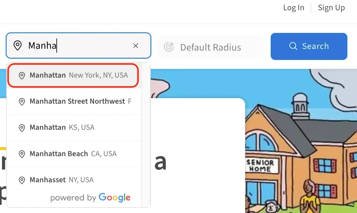 A screenshot of the Idealist website showing the location search field.