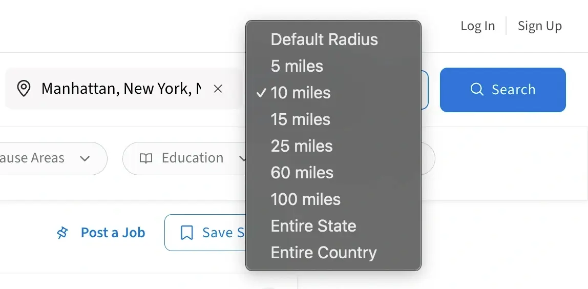 A screenshot of the Idealist website showing Radius search filter.