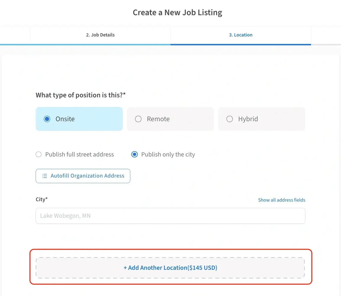 Screenshot of the Idealist website showing where to add a new location when creating a listing.