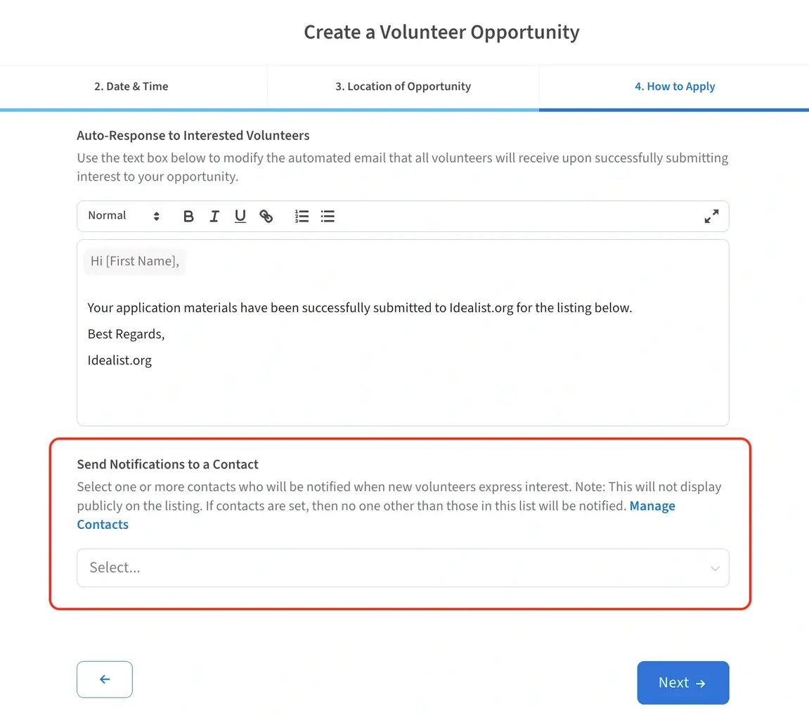 Screenshot of the Idealist website showing where to select contacts.