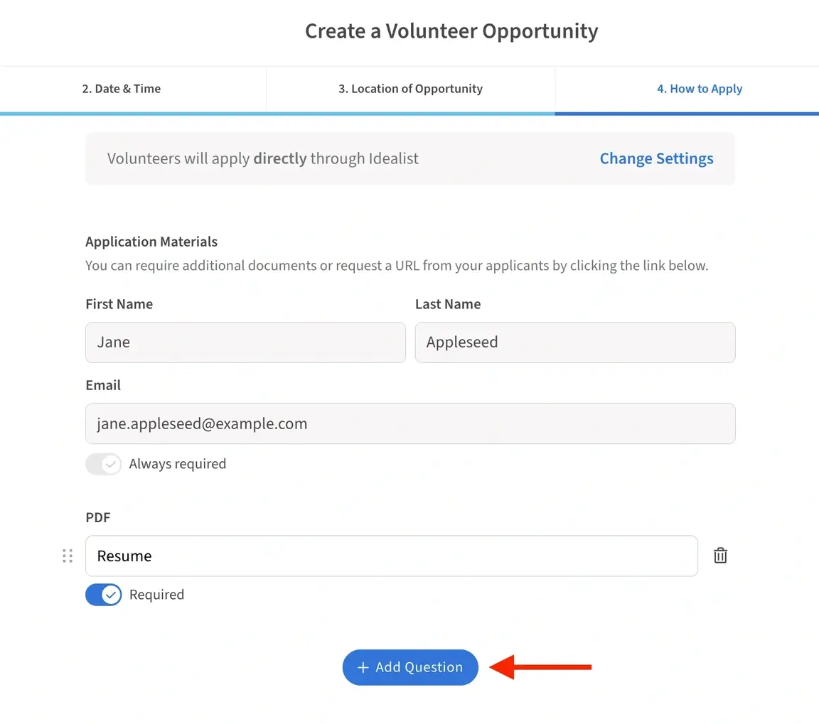 Screenshot of the Idealist website showing where to add document requirements to a volunteer listing