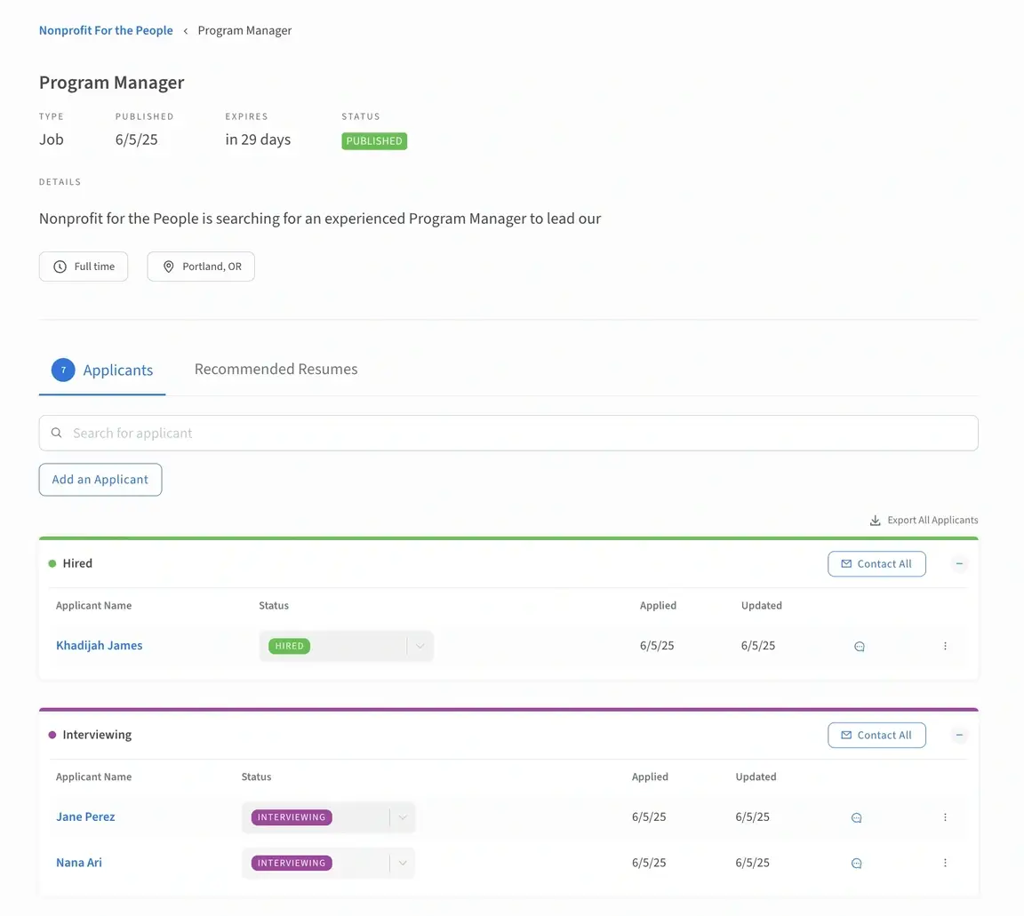 A screenshot from the Idealist website showing how to contact candidates through the Applicant Tracker