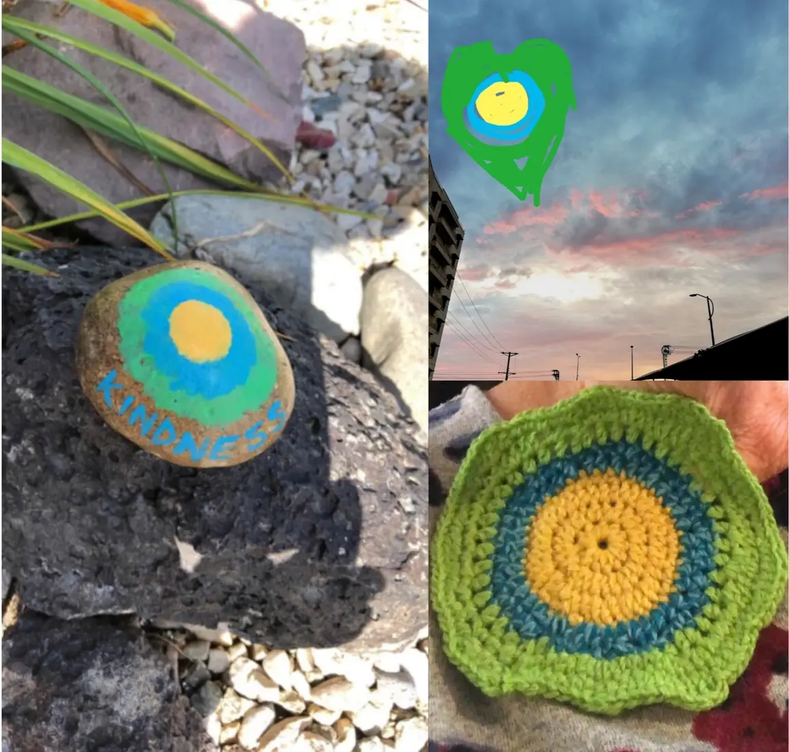 Idealist logo painted on a rock and on a photo of the sky, and also crocheted.