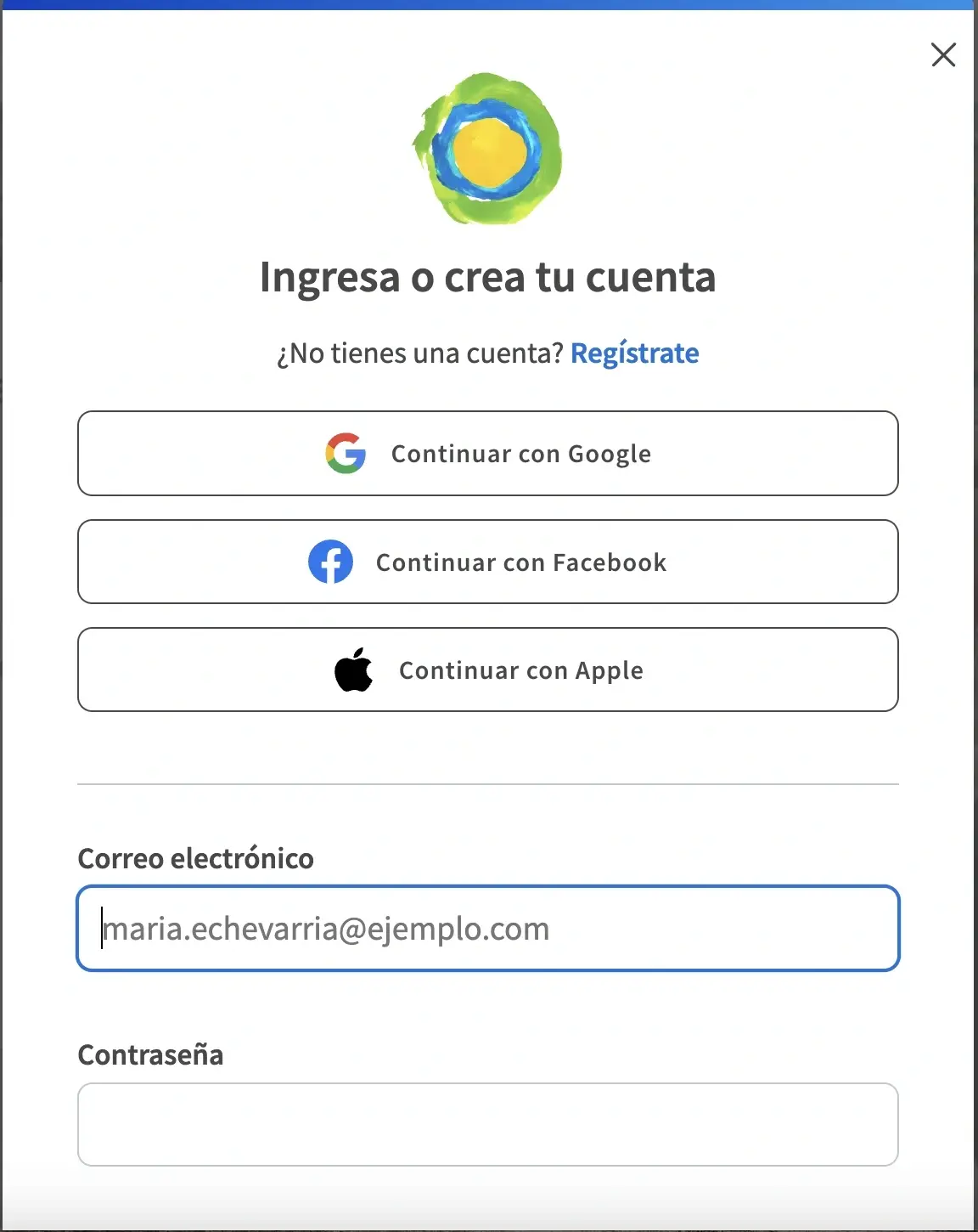 Captura de pantalla de ingreso de usuario y contraseña