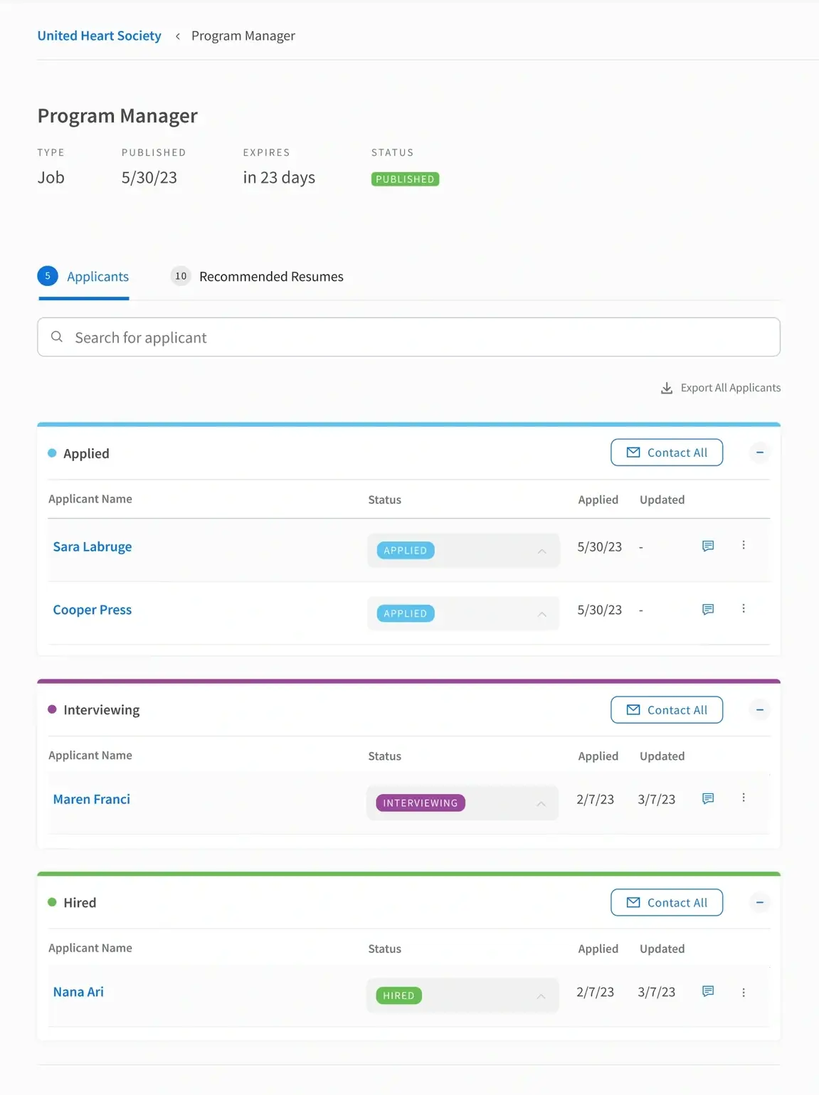 A screenshot from the Idealist website showing how to contact candidates through the Applicant Tracker
