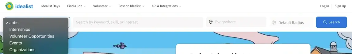 An image that shows a drop down menu with different search options on Idealist.