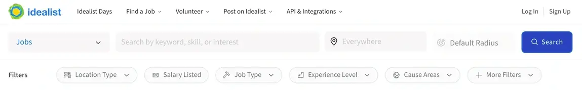 Screenshot of the Idealist website showing the available job search filters