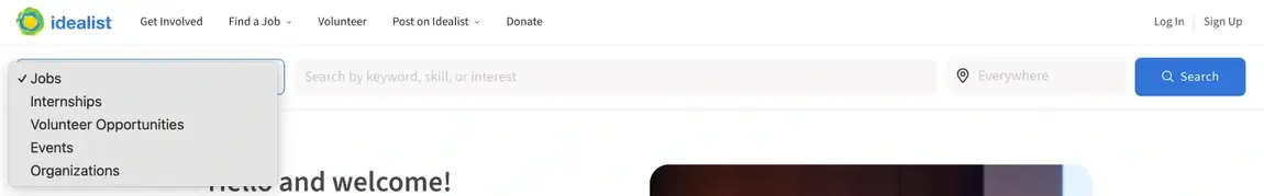 An image that shows a drop down menu with different search options on Idealist.