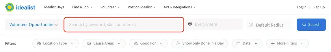 Screenshot of the Idealist website showing how to enter a keyword