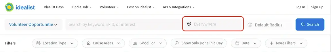 Screenshot of the Idealist website showing where to enter a location