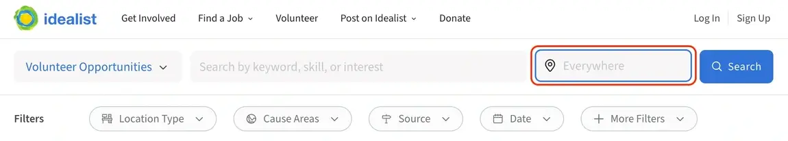 Screenshot of the Idealist website showing where to enter a location