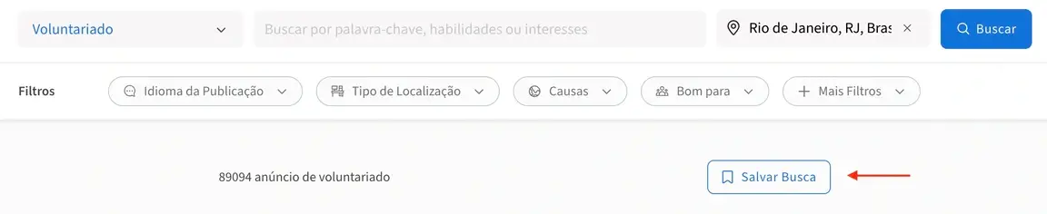 Captura de tela do site do Idealist mostrando como salvar uma busca
