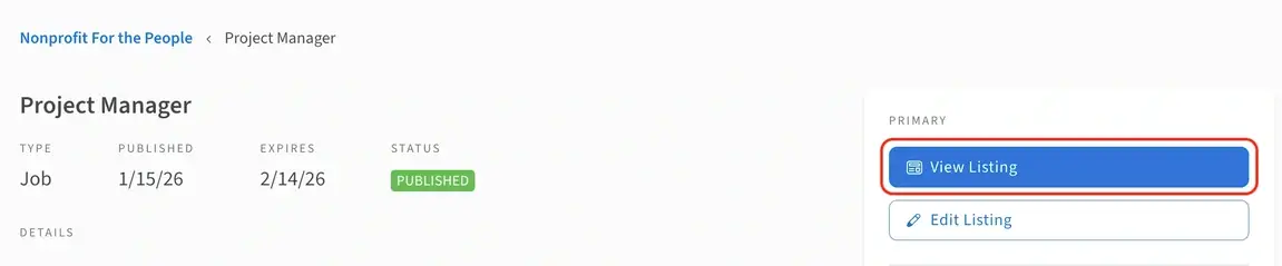 Screenshot of the Idealist website showing how an admin can view their listing