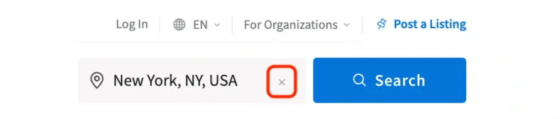 A screenshot of the Idealist website showing how to X to remove auto-detected location.