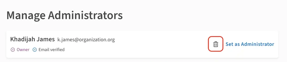 An image showing the delete button on the "Manage Administrators" page.