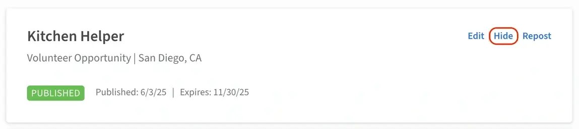 Screenshot of the Idealist website showing how to hide a listing