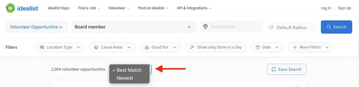 Screenshot of the Idealist website showing how to filter by Best Match or Newest
