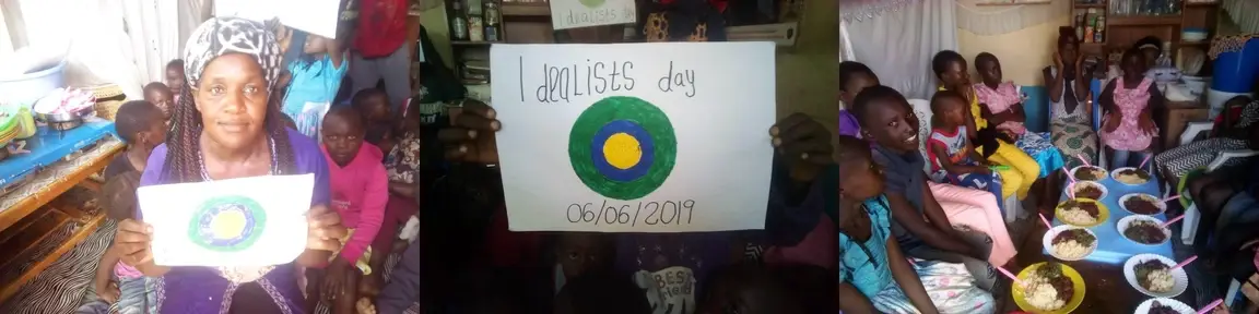 A collage of photos of people holding an idealist banner.
