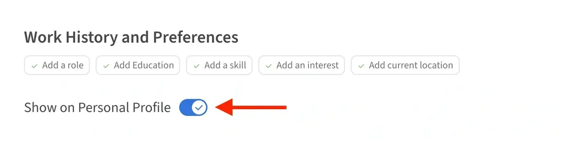A screenshot of a red arrow pointing at a Show on Personal Profile button.