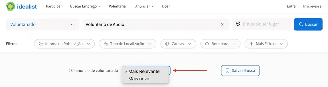 Captura de tela do site do Idealist mostrando como filtrar por Melhor Correspondência ou Mais Recentes