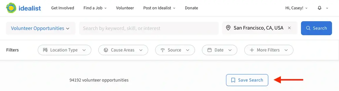 Screenshot of the Idealist website showing how to Save a Search