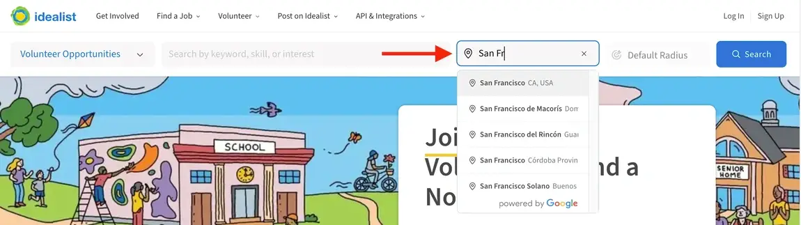Screenshot of the Idealist website showing the location field in a desktop search