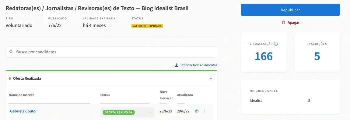 Captura de tela do site do Idealista mostrando como exportar candidaturas de um anúncio do Assistente de Recrutamento