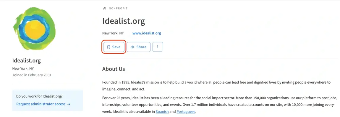 A screenshot of the Idealist website showing how to "Save" an organization as a favorite.