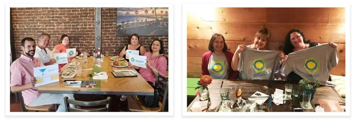 Two photos of a group of people celebrating Idealist Day together.