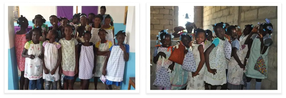 Two pictures of a smiling group of school children side by side.