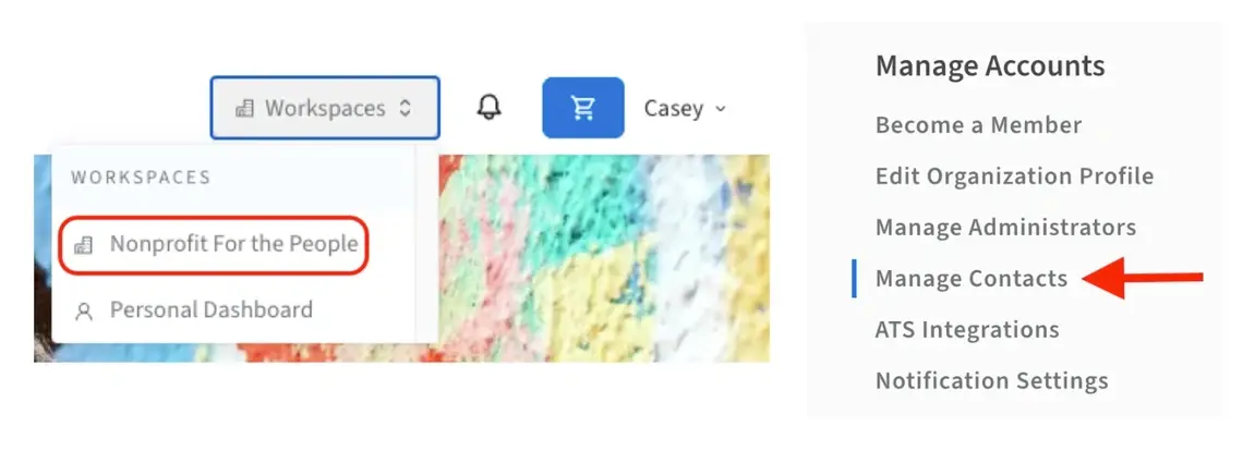 Screenshots of the Idealist website showing where to find Manage Contacts