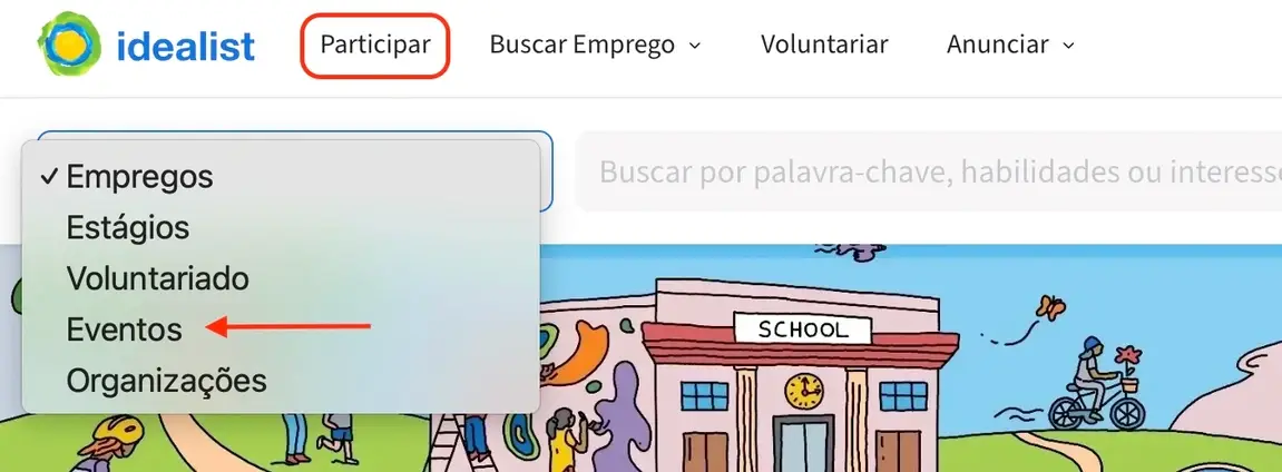 Captura de tela apontando para "Participe de um evento"